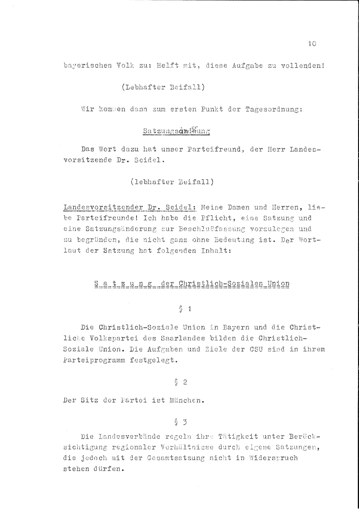 Satzung der "Christlich-Sozialen Union, Landesverband Bayern" vom 6. Juli 1957, Seite 1