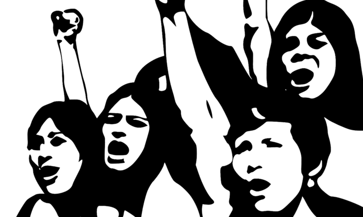 Eine Gruppe stilisierter Menschen die mit erhobenen Fäusten ihren Unmut kundtun