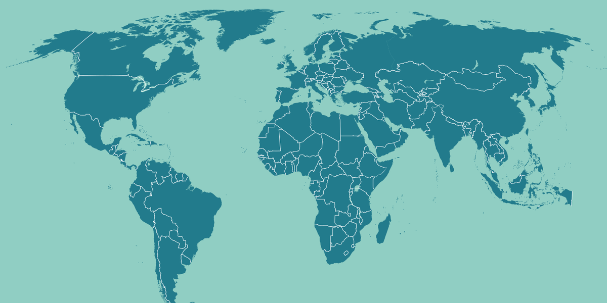 Die Umrisse aller Kontinente der Erde sind in verschiedenen Farben abgebildet