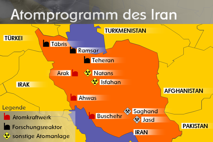 Karte von Iran, auf der die Atomkraftwerke und Forschungsanlagen eingezeichnet sind, hauptsächlich im Westen des Landes.