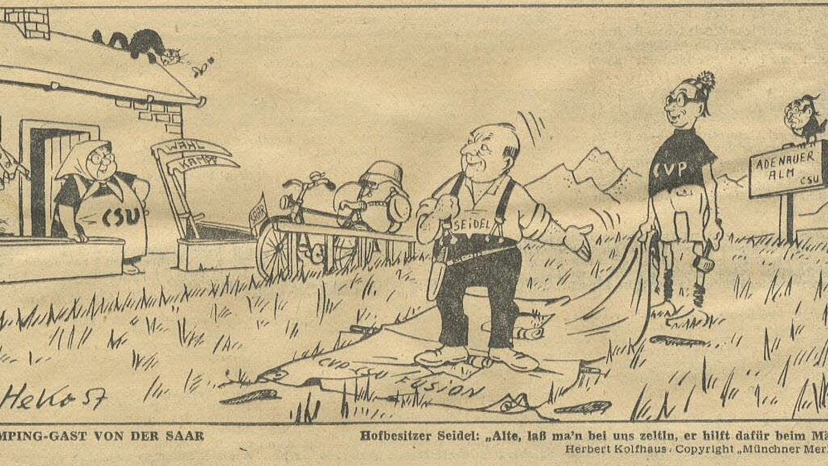 Die Christliche Volkspartei des Saarlandes billigt mit nur 8 Gegenstimmen auf ihrem Parteitag ein Zusammengehen mit der CSU in Hinblick auf die Bundestagswahl 1957. Karikatur von Herbert Kolfhaus vom 2. Juli 1957 im Münchner Merkur