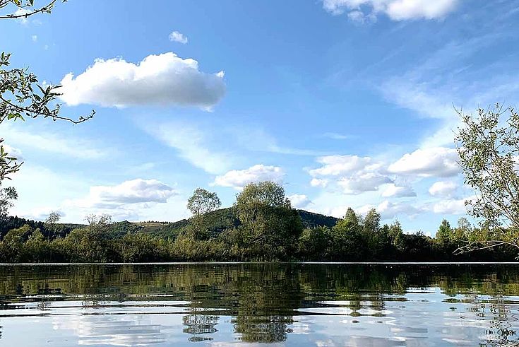 Am Ufer eines Sees, der sich zu einem mit Bäumen bewachsenen jeseitigen Ufer hin spannt.