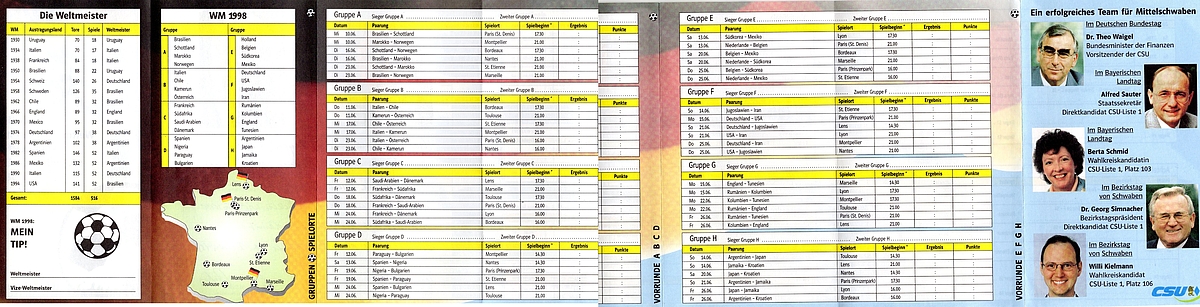 Innenseite des WM-Spielplans mit dem CSU-Team für Mittelschwaben bei der Bundes-, Land- und Bezirkstagswahl 1998