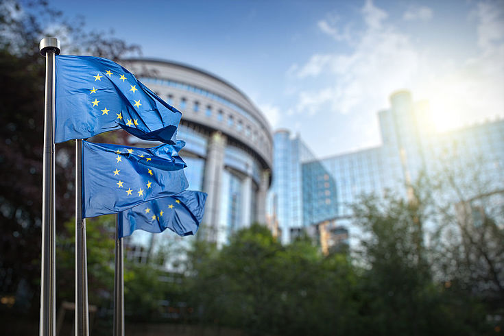 Drei Europaflaggen mit den Sternen wehen vor dem EU-Parlament, einem halbrunden Bau mit viel Glas und Marmorsäulen.