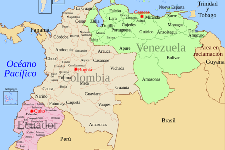 Karte des nördlichsten Zipfels von Südamerika mit Kolumbien, Venezuela und Equador.