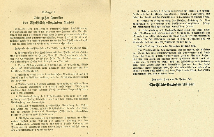 Die zehn Punkte der Christlich Sozialen Union – erstes Grundsatzprogramm vom 31. Dezember 1945. Der siebte Punkt bezieht sich dabei auf die wirtschaftlichen Vorstellungen der Partei