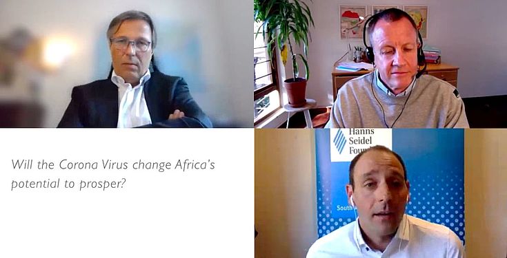 (v.l.n.r.) Dr. Stefan Mair, BDI, Dr. Jakkie Cilliers, Leiter des African Futures & Innovation Programmes des ISS, Hanns Bühler, HSS-Südafrika