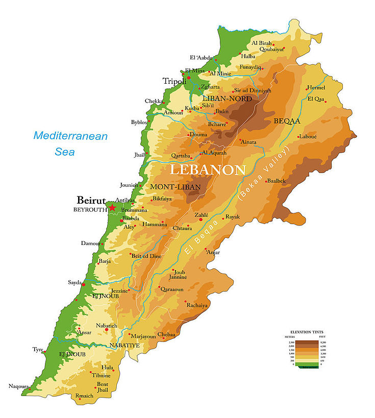 Karte des Libanon, ein schmales Land, das sich die bergige Ostküste des Mittelmeeres hinabstreckt, die "Levante".