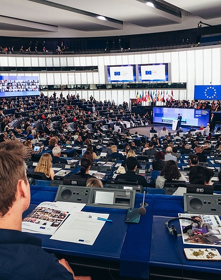 Das Europaparlament. Wir sitzen oben im Saal. Vor uns lauter nach vorne absinkende Hinterköpfe.