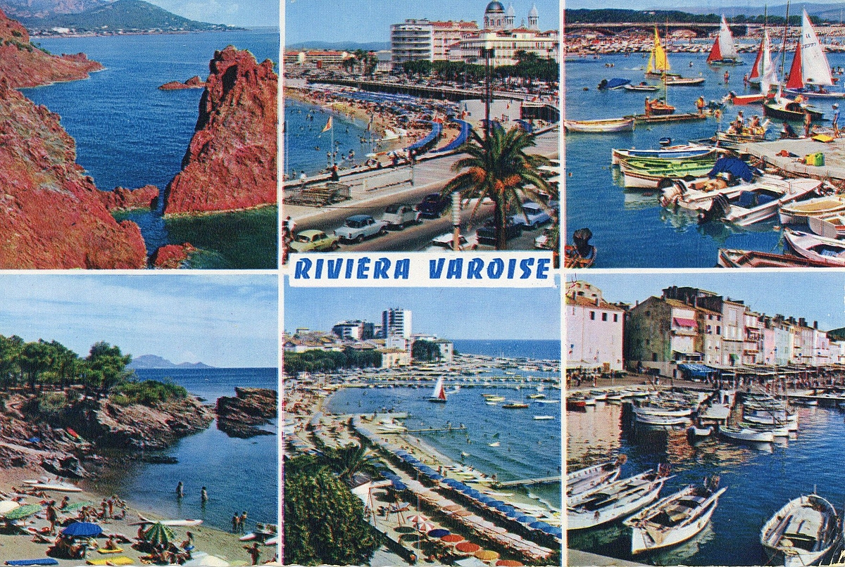 Postkarte von Marianne und Franz Josef Strauß aus Les Issambres vom 22. August 1970, Vorderseite. Abgebildet sind die Felsformation „Rocher de la Cathédrale am Cap Dramont“ (links oben), die Felsbucht „Les Calanques des Issambres“ (links unten), die Strände von Saint Raphael (oben mittig) und Sainte-Maxime (unten mittig) sowie die Häfen von Saint Aygulf (rechts oben) und Saint-Tropez (rechts unten). 