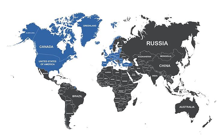 Weltkarte mit den Mitgliedsstaaten des Nordatlantikpakts (NATO)