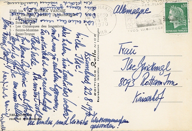 Postkarte von Marianne und Franz Josef Strauß aus Les Issambres vom 22. August 1970, Rückseite 