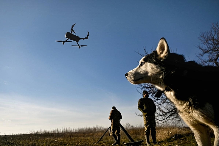 Ein Hund blickt einer Drohne nach. Im Hintergrund bereiten zwei Männer einen Mörser vor.