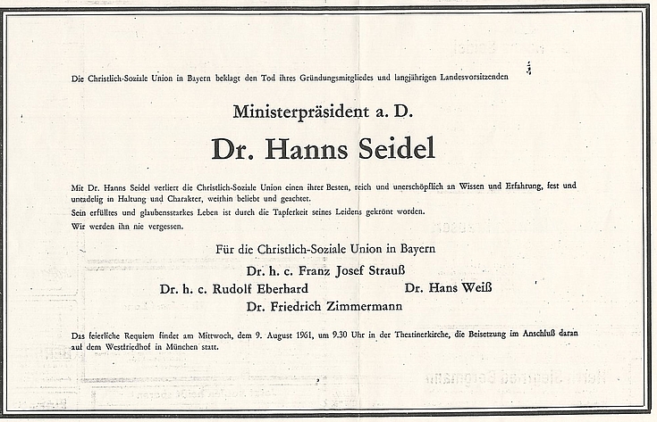 Die CSU trauert um Hanns Seidel, Todesanzeige.