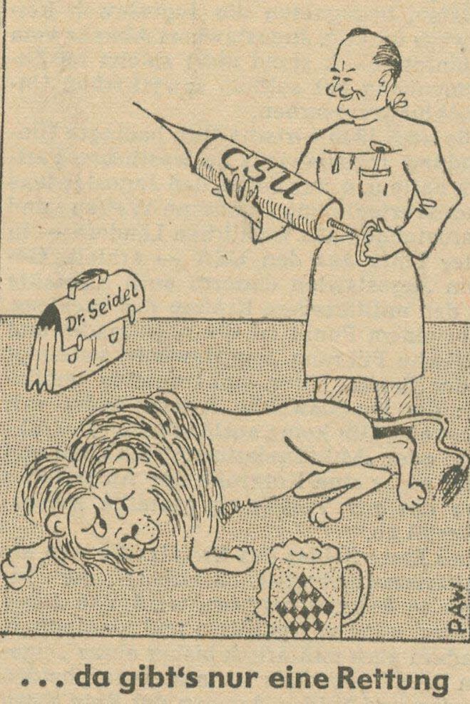 "...da gibt's nur eine Rettung" Karikatur zur Wahl von Hanns Seidel zum Parteivorsitzenden 1955