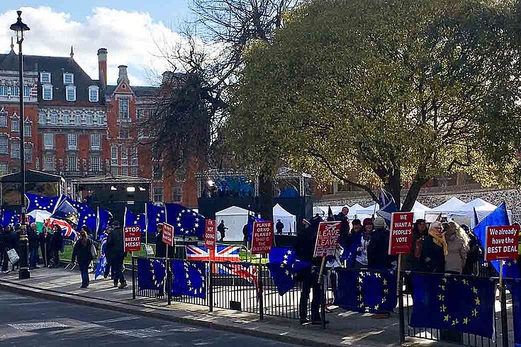 Demonstrierende Briten in den Straßen Londons mit Plakaten