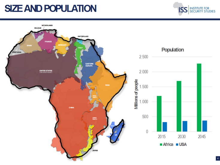 Karte Afrikas, in die viele andere Länderkarten eingpresst sind: z.B. die USA, China, Italien... so soll klar werden, wie vielen Menschen der Kontinent eine Heimat ist.