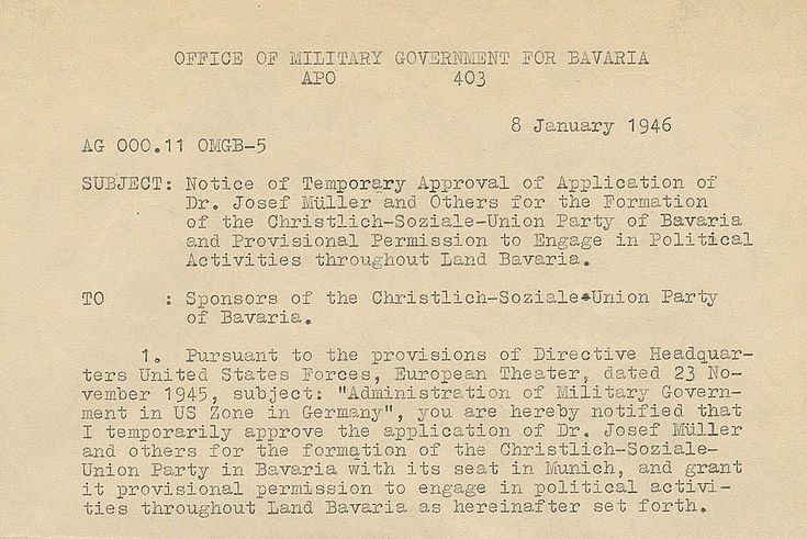 Zulassung der CSU als landesweite Partei vom 08.01.1946 