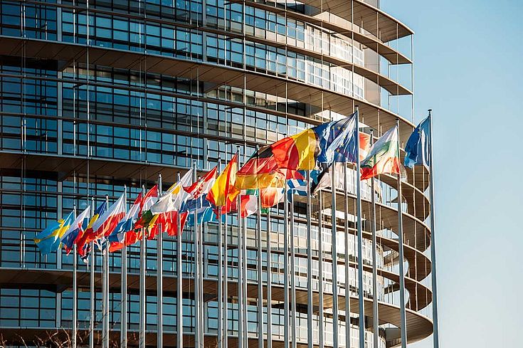 Das Parlamentsgebäude in Brüssel mit den Fahnen der europäischen Nationen, die im Winde wehen.
