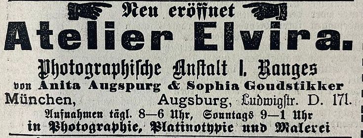 Werbeanzeige zur Neuröffnung des Fotoateliers Elvira in Augsburg.