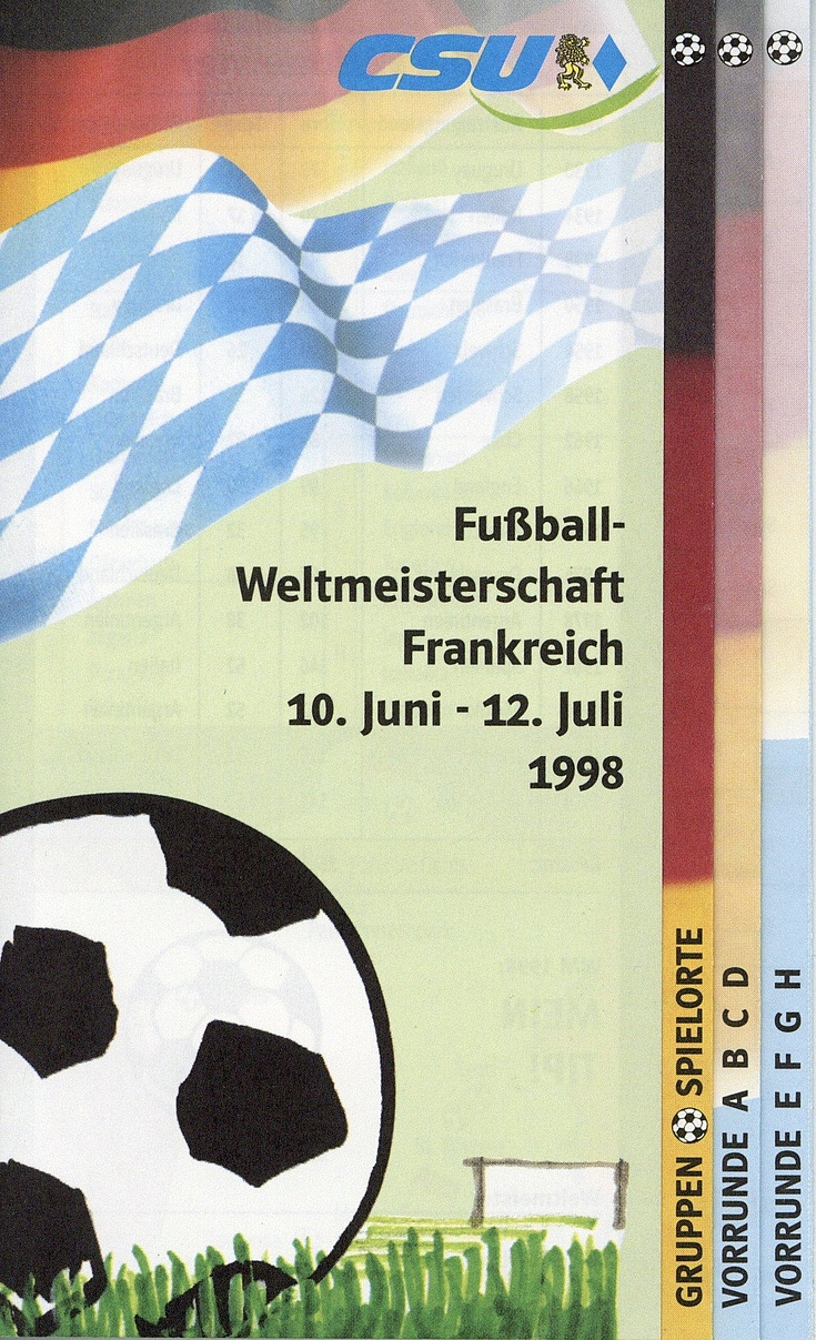 Titelseite des Spielplans der CSU für die Fußball-Weltmeisterschaft in Frankreich 1998