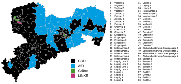 Karte Sachsens mit den kleinen Wahlkreisen 