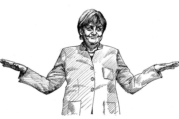 Bleistiftzeichnung von Merkel, die eine beschwichtigende Geste mit den Händen macht.