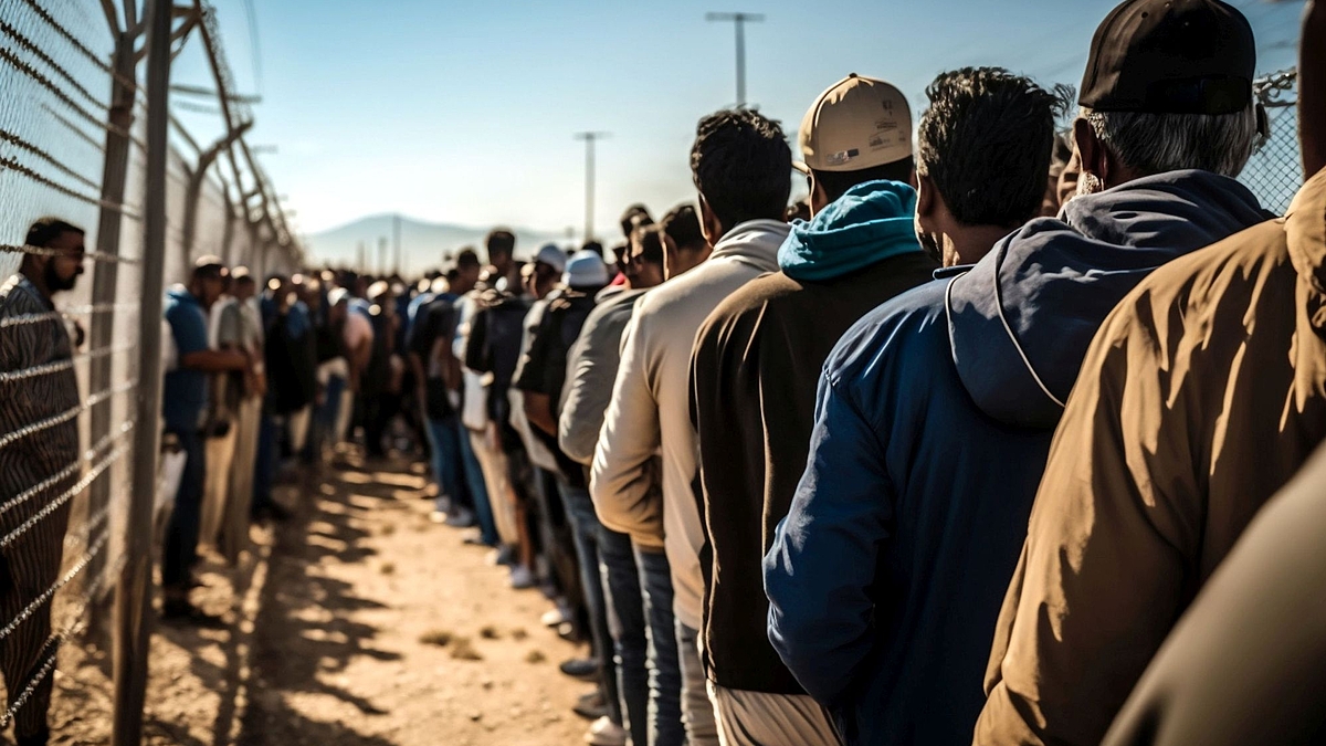 Flüchtlinge warten vor einem Grenzzaun. 