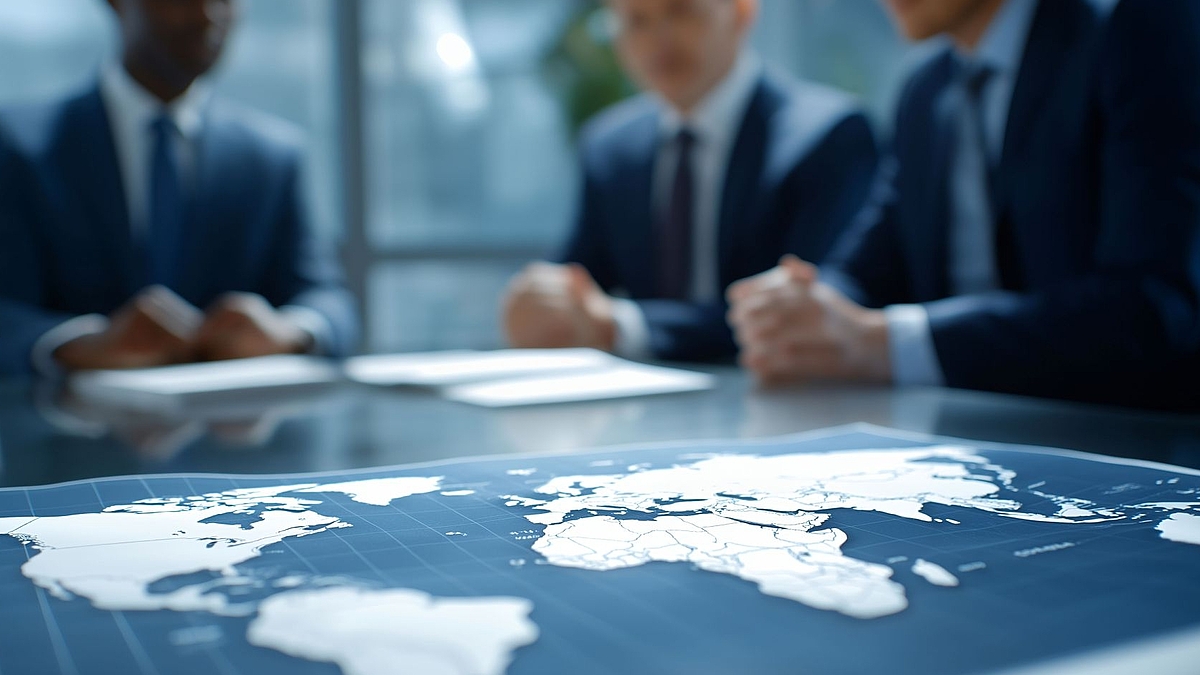 Geschäftsleute sitzen um einen Tisch, vor ihnen liegt eine Weltkarte.