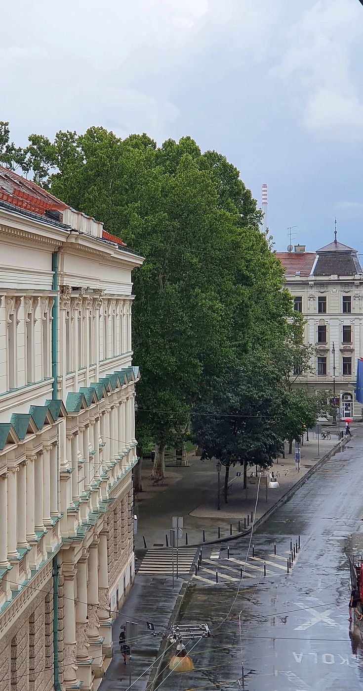 So leer wie es der Blick vom Büro der HSS in Zagreb auf den Park Zrinjevac, das
Kreisverwaltungsgericht und den Obersten Gerichtshof zeigt, waren die Straßen während der ersten Phase der Corona-Pandemie in Zagreb.