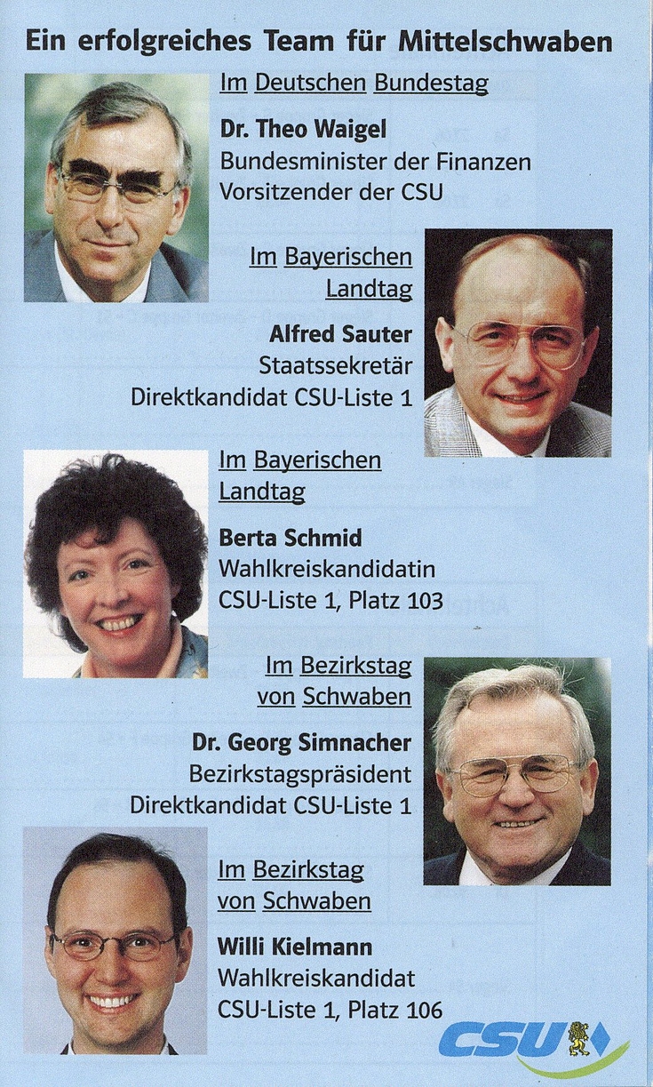 Das CSU-Team für Mittelschwaben bei der Bundes-, Land- und Bezirkstagswahl 1998