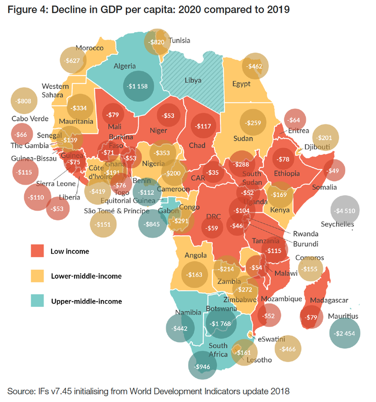 Karte Afrikas mit der voraussichtlichen Reduzierung der BIPs in den einzelnen Ländern pro Kopf