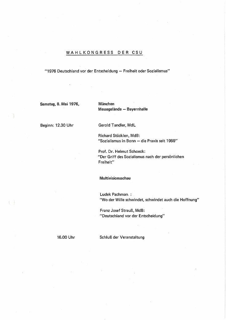 Programm für den CSU-Wahlkongress am 8. Mai 1976
