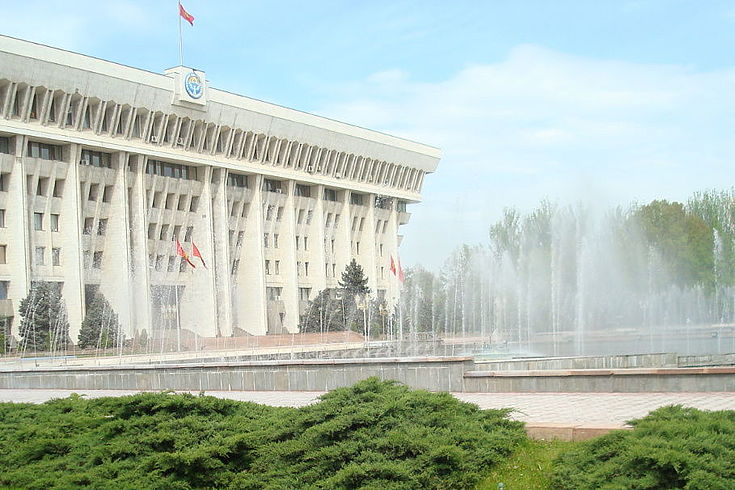 Seitenansicht vom hellen Parlamentsgebäude mit Springbrunnen, grünen Büschen und Rasen
