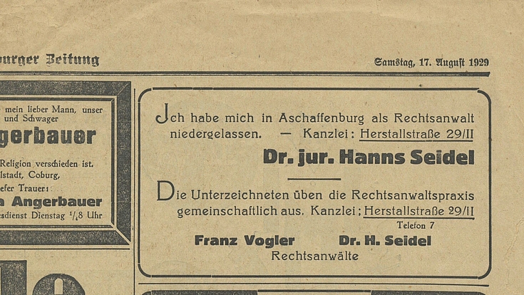 Zeitungsannonce in der Aschaffenburger Zeitung vom 17. August 1929 zu Seidels Kanzleieröffnung.