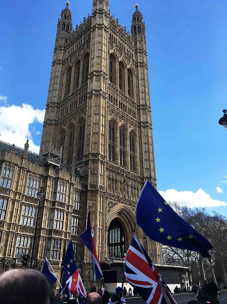 Das Parlamentsgebäude in London mit Demonstranten davor